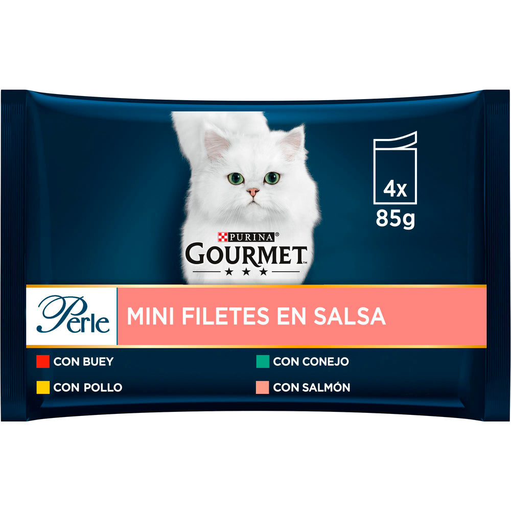 GOURMET PERLE 4X85GR SALSA BUEY, POLLO, CONEJO Y SALMÓN