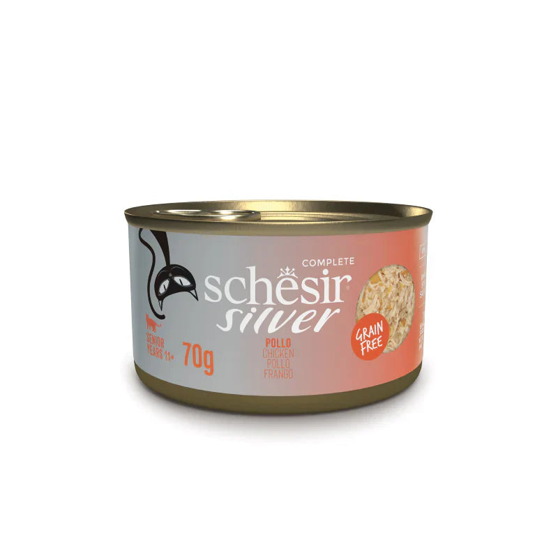 SCHESIR CAT SILVER -SENIOR- FILETES/MOUSSE POLLO Y PATO LATA 70GR