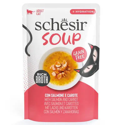 SCHESIR COMPLEMENTOS SOBRE CAT SOPA SALMÓN ROSADO CON ZANAHORIAS 40GR