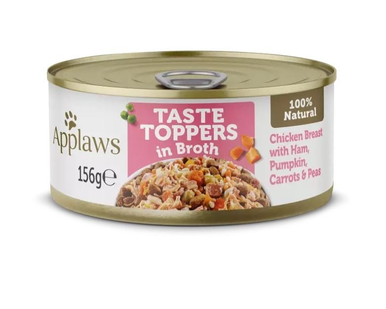 APPLAWS DOG LATA TOPPER POLLO, JAMÓN Y VERDURAS EN CALDO 156GR