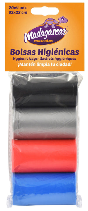 BOLSAS HIGIENICAS 4 ROLLOS DE 20 BOLSAS NEGR/PLATA/ROJO/AZ