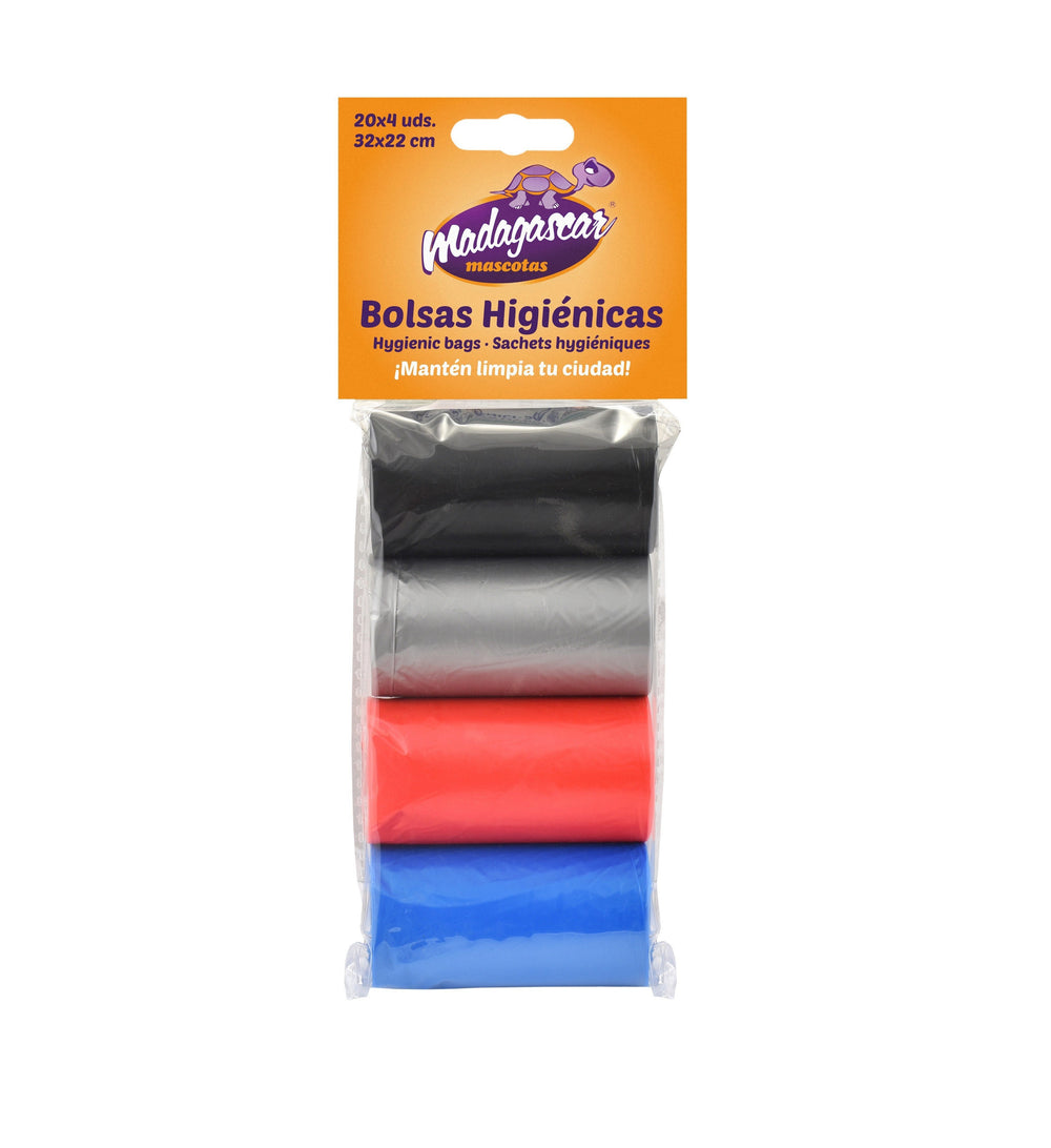 BOLSAS HIGIENICAS 4 ROLLOS DE 20 BOLSAS NEGR/PLATA/ROJO/AZ