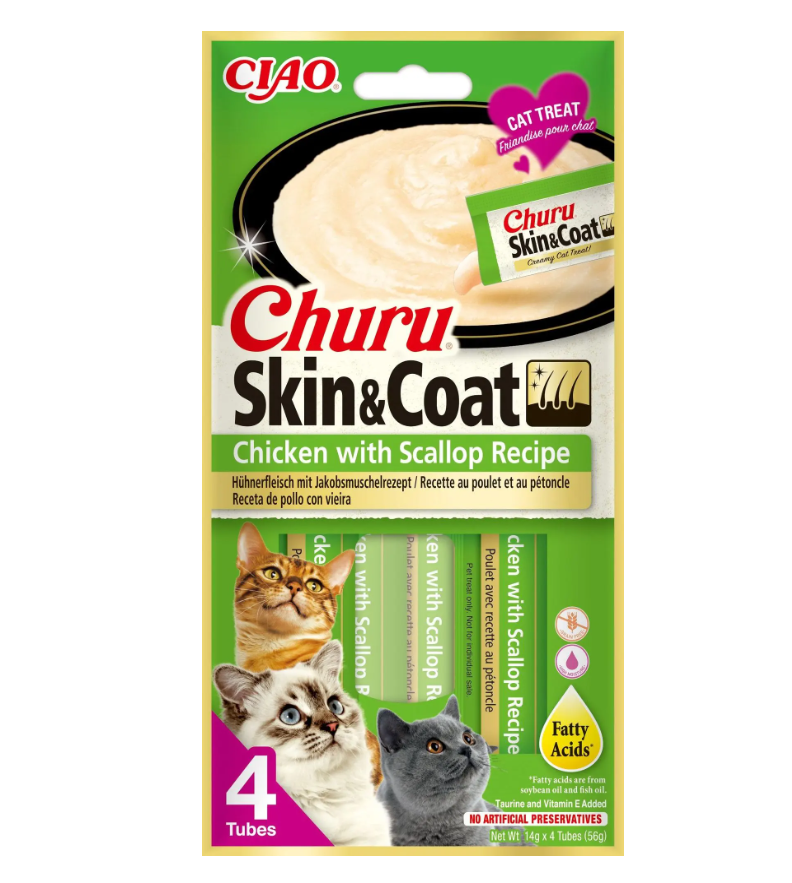 CHURU CAT SKIN&COAT RECETA DE POLLO CON VIEIRA 4X15GR