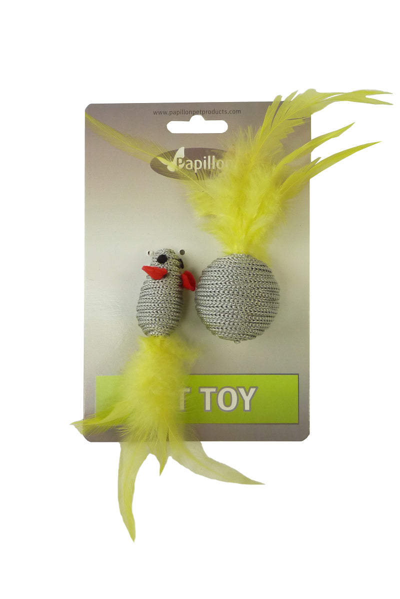 RATON 5 CM Y PELOTA 4 CM CON PLUMA AMARILLO Y GRIS