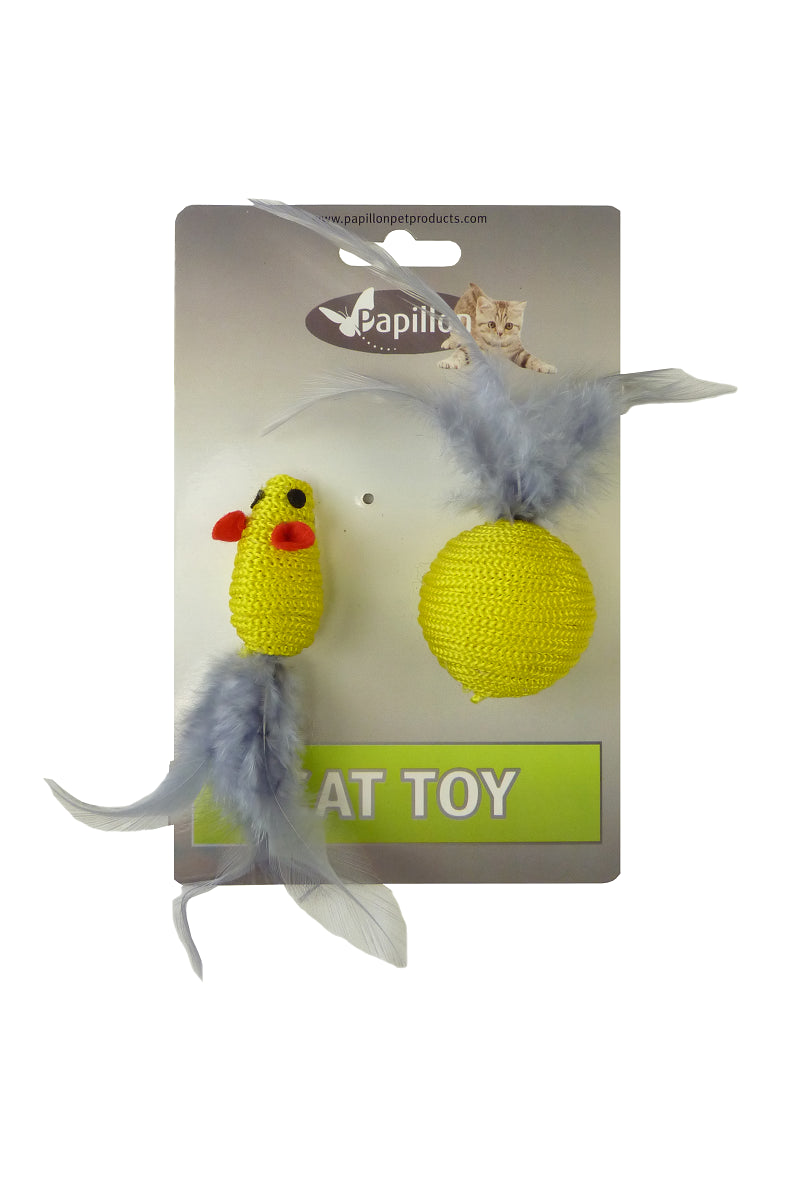 RATON 5 CM Y PELOTA 4 CM CON PLUMA GRIS Y AMARILLO