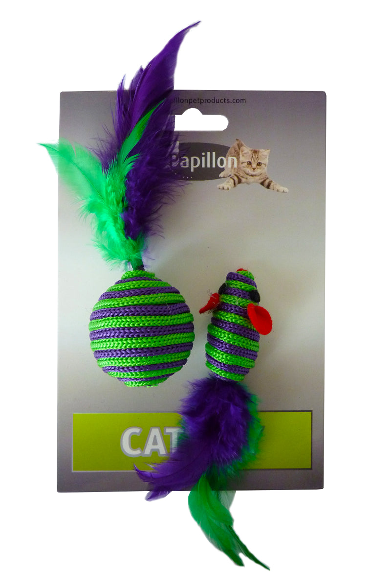 RATON 5 CM Y PELOTA 4 CM CON PLUMA LILA Y VERDE