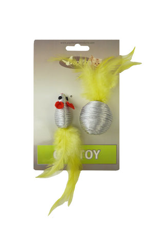 RATON 5 CM Y PELOTA 4 CM CON PLUMA PLATEADO Y AMARILLO