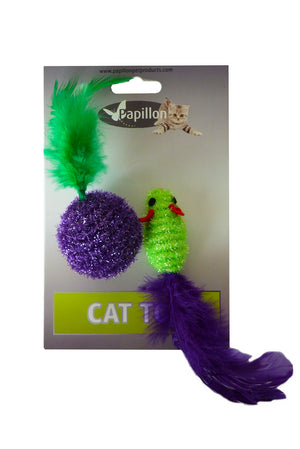 RATON 5 CM Y PELOTA 4 CM CON PLUMA VERDE Y LILA