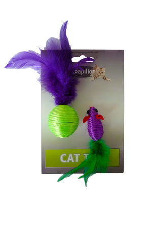 RATON 5 CM Y PELOTA 4 CM CON PLUMA VIOLETA Y VERDE