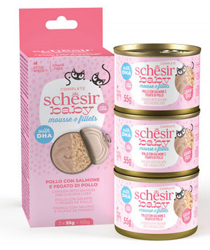 SCHESIR CAT BABY MOUSSE & FILETES POLLO CON SALMON 3X55GR