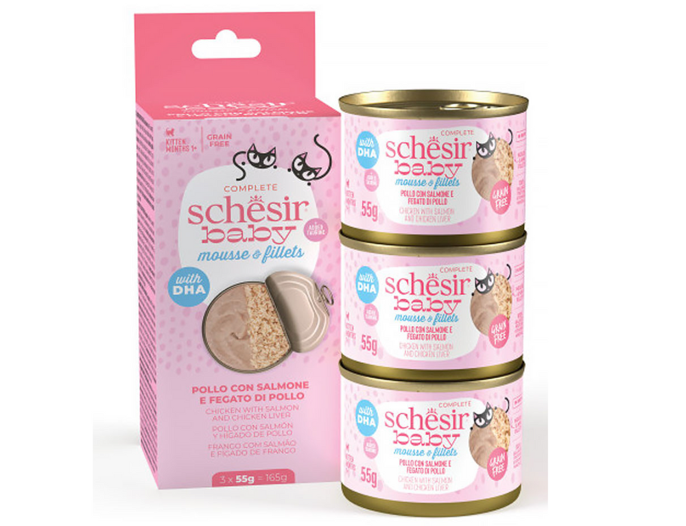SCHESIR CAT BABY MOUSSE & FILETES POLLO CON SALMON 3X55GR