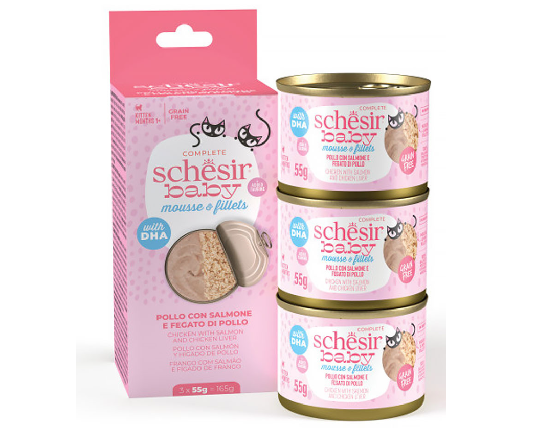 SCHESIR CAT BABY MOUSSE & FILETES POLLO CON SALMON 3X55GR